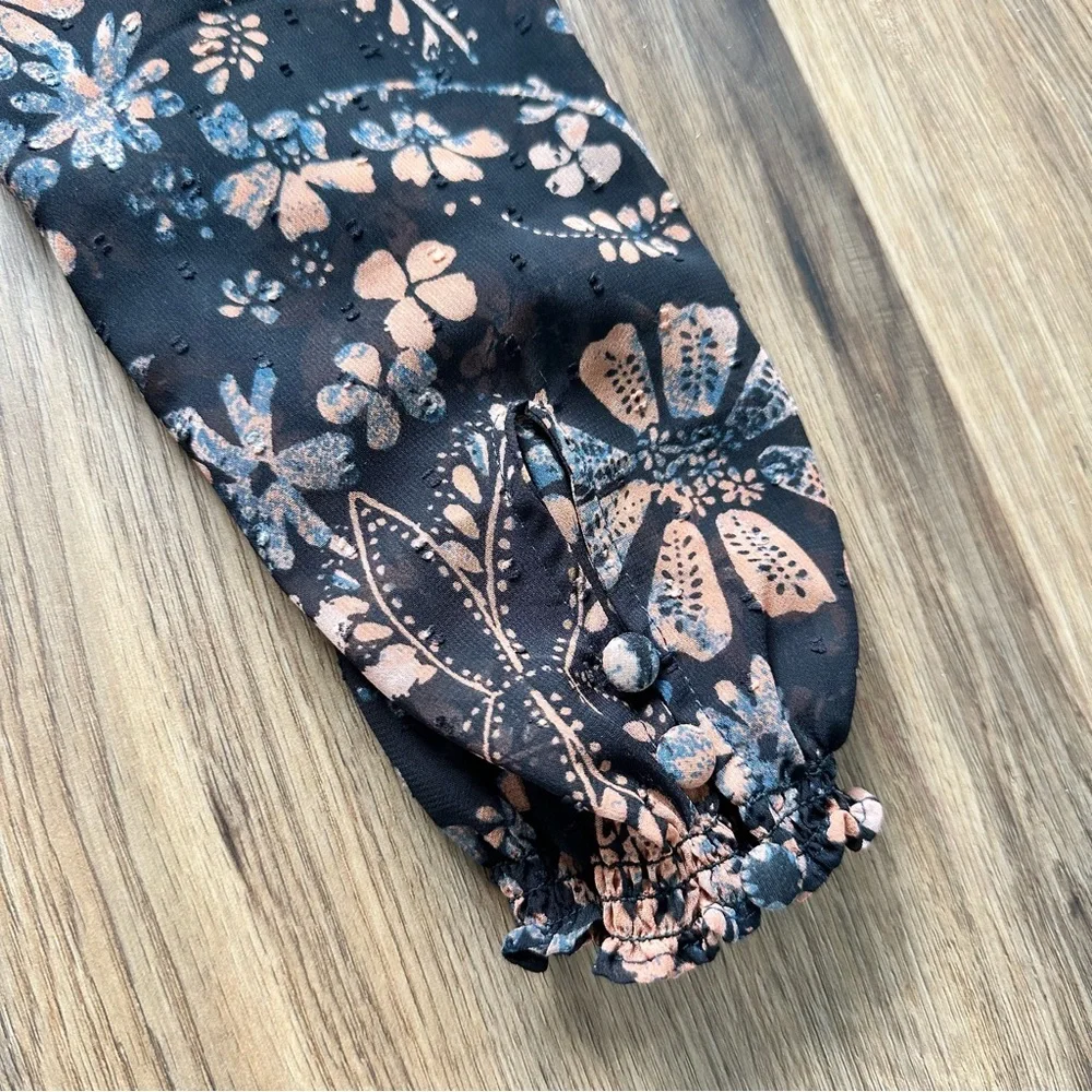 Free People Clarissa Floral Top XS Black Long Sleeve Ruffle High Neck Boho Fairy